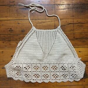 Crochet Halter Crop Top Earthy Boho Festival Hippie *see msrmts Oatmeal